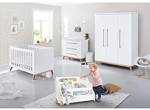 Lomadox Babyzimmer Set inkl. Matratze in weiß edelmatt mit Bücherregal