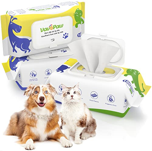 VavoPaw 3PCS Lingettes Nettoyantes pour Chien, 100 Pièces Lingettes Désodorisantes pour Animaux, Lingettes Épaisses Non Parfumées pour Toilettage des Yeux, Oreilles, Pattes Poil pour Chats, Naturelles