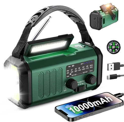 Hand Crank Emergency Radio, NOAA Weather Radio with AM/FM Solar Radio,10000mAh Rechargeable Battery Powered, USB-C Charger, Flashlight, SOS Alarm, for Camping, Hurricanes Outdoor Survival Emergencies