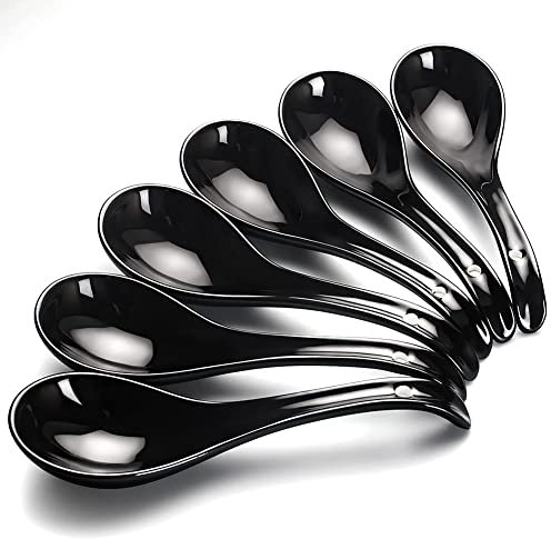 Asiatische Suppenlöffel – YFWOOD 17 cm Keramik-Ramenlöffel, schwarze chinesische Suppenlöffel, mit tiefem ovalem Haken-Design, perfekt für Pho-, Wonton-, Teigtaschen- und Miso-Suppen, 6 Stück
