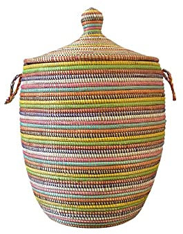 Wäschekorb Afrika - S/M/L/XL/XXL - Das Original aus dem Senegal - Afrikanischer Flechtkorb mit Deckel - Fair Trade Korb für Bade- / Wohn- & Kinderzimmer (M, Stripes Bunt)