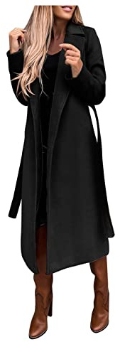 Damen Mantel Elegant Lang Wollmantel Mode Langarm Umlegekragen Einfarbig Trenchcoat Warme Outwear Herbst Winter Jacke mit Gürtel