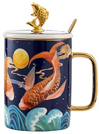 DECRZPB Kaffeetasse aus Keramik Goldfisch Teetasse Keramik Kaffeetasse Milchsaftbecher Geburtstagsgeschenk für Büro und Zuhause