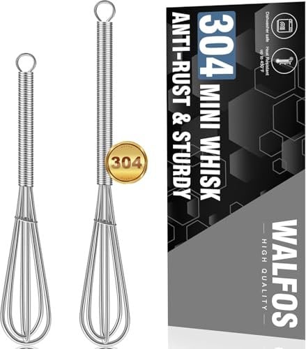 Walfos Mini batidor – Pequeño batidor de acero inoxidable – Batidor de globos de cocina (13 cm + 18 cm), alambre de acero inoxidable grueso y asas fuertes, espumador de huevos para cocinar, mezclar,