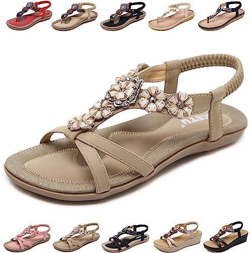QJJQ Sandali Donna Estive Eleganti Infradito Comodi Strass Bohemia Flip Flop Spiaggia Piatti Scarpe, Bianco Sporco, 42 EU