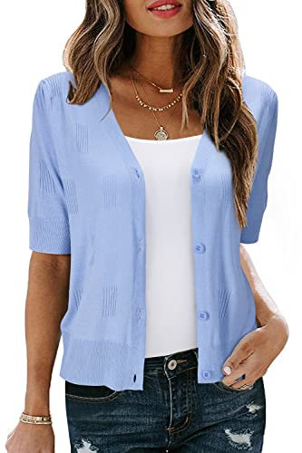 Arach&Cloz Cardigans for Women UK Short Sleeve Bolero Summer Cropped Cardigan Shrugs Buttons Dress Coverup Knit Top (Blue, M)