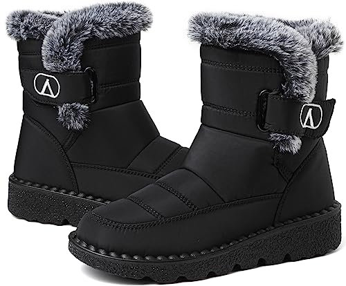 Csgkag Bottes de Neige Femme Chaussures d'hiver Chaud Fourrure Confortable Antidérapantes Outdoor Plates Bottine,Noir-1,EU43