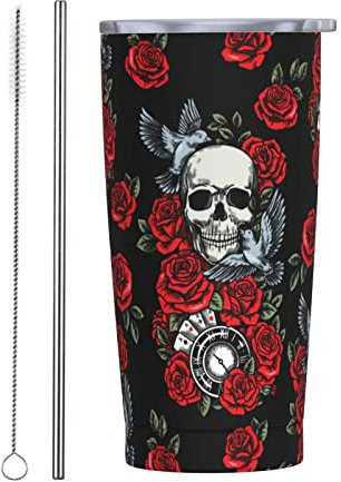 BAAROO Insulated Tumbler Skull Red Rose Black Gothic 20 OZ with Lids and Straw Stainless Steel Vacuum Cup Coffee Water Leakproof Travel M