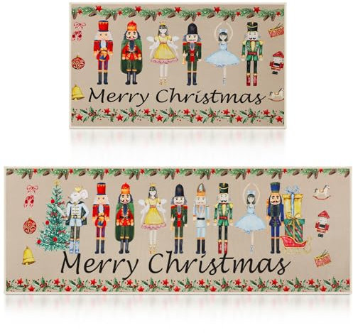 Tinideya 2 Pcs Christmas Nutcrackers Merry Christmas Decorative Kitchen Mats Watercolor Holiday Doormat Outdoor Non Slip Kitchen Rugs for Outdoor Floor Bathroom Holiday, 17 x 29 Inch and 17 x 47 Inch