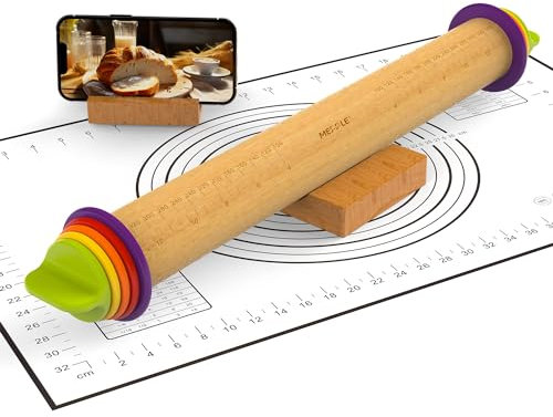 Mepple Rolling Pin with Thickness Rings and Pastry Baking Mat, 13.6 Adjustable Wooden Rolling Pin Dough Roller for Baking Cookie Pizza, Comes with Large Silicone Pastry Mat and Wooden Stand