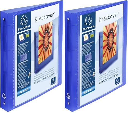 Exacompta - ref. 51562E - 1 Customizable Rigid PP Binder with 1 Pocket - 4 Round Rings, 30 mm Diameter - External Dimensions: 32 x 26.8 cm - A4 Maxi File Format - Colour: Blue (Pack of 2)