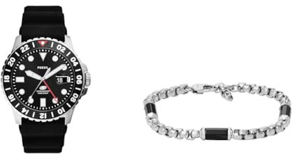 Fossil Montre Homme Blue GMT en Silicone Noir et Bracelet en Acier inxoydable argenté, Set