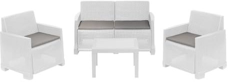 Dmora - Outdoor-Lounge-Set Vieste, Gartenkomposition mit 2 Sesseln, 1 Sofa und 1 Couchtisch, Rattan-Effekt mit Kissen, 100% Made in Italy, Weiß