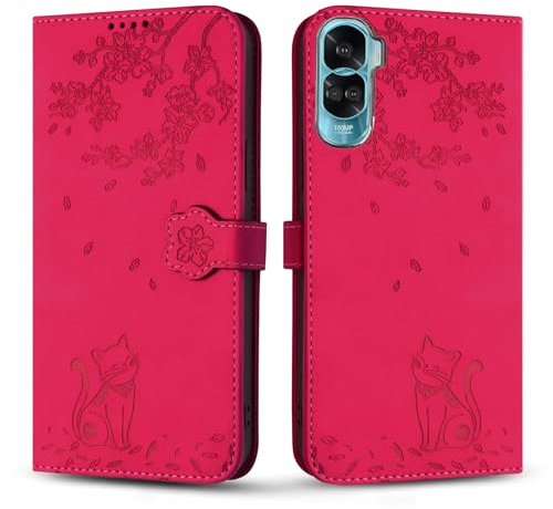 Vaitasy Mobile Phone Case for Honor 90 Lite 5G, Premium PU Leather Cover with Magnetic Closure Stand Protective Case for Honor 90 Lite - Rose Red Cat