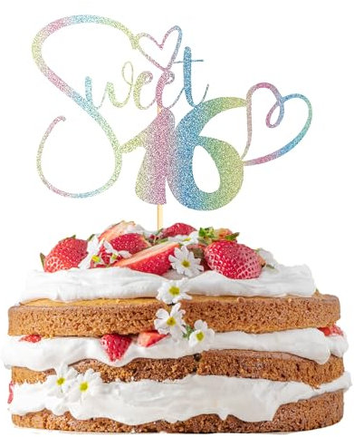 Sotpot 1PC Sweet 16 Cake Topper Rainbow Glitter Happy 16th Birthday Cake Picks for Sweet Sixteen Theme Party Cake Decorations
