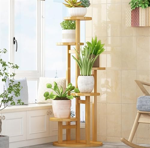 VONGAZ Pflanzenständer Blumenständer Blumenregal Abgestufter Pflanzenständer, Leiterregal, Bambus-Pflanzenständer Für Drinnen Und Draußen, Blumentopfständer Pflanzenregal Blumenbank(Color:B-Round)