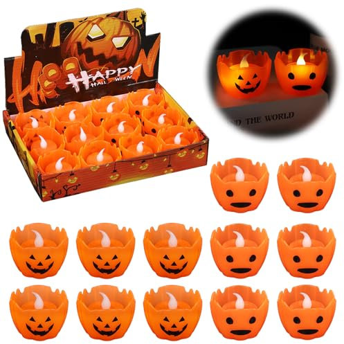 Bseical 12 Stück Kürbis Led Kerzen LED Teelichter Kerzen mit Batterie Elektrische Flackernd LED Lämpchen Teelicht Halloween Deko