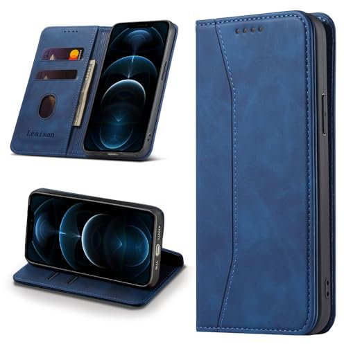 Leaisan Handyhülle für iPhone 12 Pro Max Hülle Premium Leder Flip Klappbare Stoßfeste Magnetische [Standfunktion] [Kartenfächern] Schutzhülle für iPhone 12 Pro Max Tasche - Blau