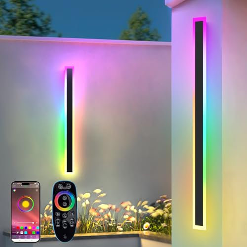 RGB Lange Wandleuchte LED Wandleuchte Außen, 2 Stück RGB/Warmes/Weiß Dimmbare Moderne Wandbeleuchtung, Ip65 Wasserdichte mit Fernbedienung und APP Steuerung für Außen/Innen, Gärten, Villa (100.0cm)