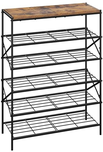 IBUYKE Scarpiera con 6 Ripiani, Grande Capacità Scaffale Portascarpe per 24 Paia di Scarpe, Salvaspazio Scarpiera in Metallo per Ingresso Corridoio Soggiorno, Rustico Marrone e Nero TXJ016H