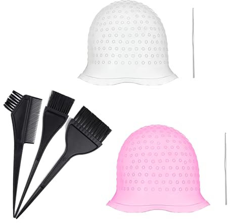 7Pcs Silikon-Hochglanzkappen-Set, Silikon Highlight Kappe, Silikon Strähnchenhaube, Mit Häkelnadel aus Metall, Mit wiederverwendbarer Haarfärbebürste, für Frauen Und Mädchen (Rosa/Weiß)