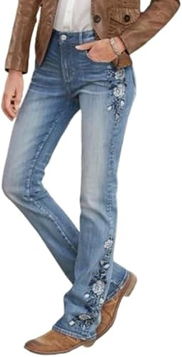 Damen Skinny Jeans im Vintage-Stil, bestickt, Blume, hohe Taille, Glocke, mit Tasche, lässig, schick, schmale Passform, Denim-Schlaghose für den täglichen Gebrauch