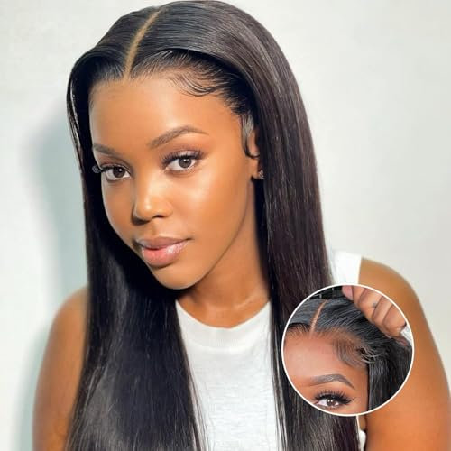 Echthaar Perücke 4x4 HD Lace Front Wig Human Hair Pre Plucked Straight Wear and Go Glueless Wigs Human Hair Wigs For Black Women Natürliche Schwarze Farbe Perücken Echthaar No Glue 16 Zoll