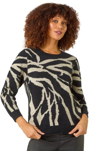 Roman Originals Thick Jumper for Women UK - Ladies Winter Autumn Smart Casual Knit Knitted Knitwear Pull-On Round Crew Neck Long Sleeve Work Office Dinner Party - Onyx Ivory - Size 20