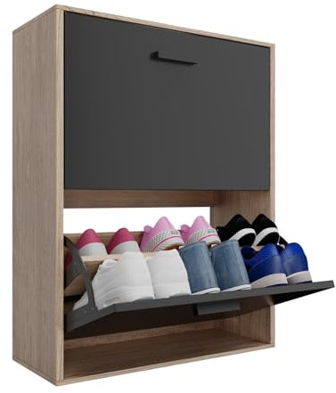 CASABEL - Mueble Zapatero de 12 Pares - Estantería de Gran Capacidad para vestíbulo o Pasillo - (Ancho) 60 x (Profundidad) 24 x (Alto) 80 cm - Puertas Negras con Marco de Madera Clara