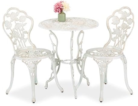 Relaxdays Set Mesa y Sillas Jardín, Mesita Terraza con 2 Asientos, Balcón, Estilo Vintage, Aluminio, Blanco/Bronce, 69 x 60 cm