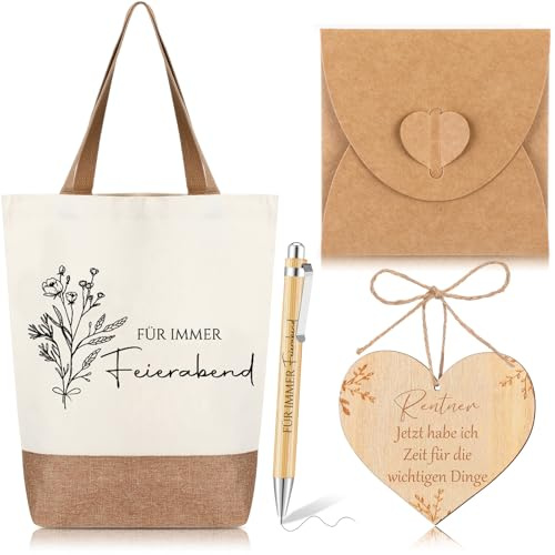 Clabby 5 Stück J Renteneintritt Geschenk Frau Jutetasche und Kugelschreiber | Herzförmige Holzspäne, Kugelschreiber mit Gravur, Für Immer Feierabend, Dankeschön Abschiedsgeschenk für Kollegin