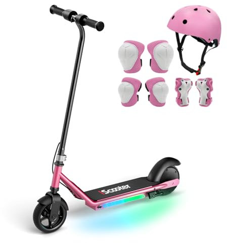 iScooter IK3 Monopattino Elettrico Bambini 6-12 Anni 6, con Casco e Protezioni, Freno Elettronico a Grilletto, Freno Posteriore, Luci LED Colorate, Display LED, 5/10/16 km/h, Rosa
