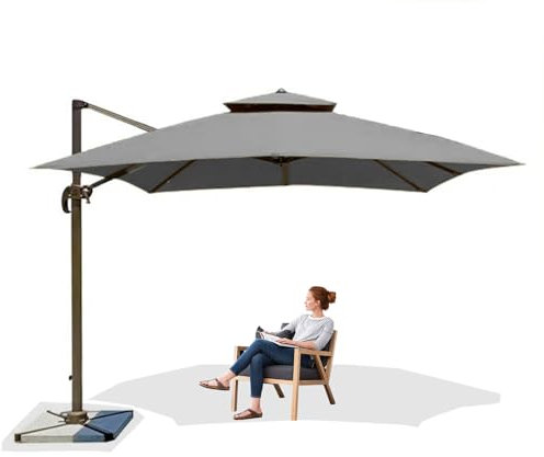 XRLQZH Ombrellone Da Giardino 3x3 M Con Sistema A Corda,Parasole A 2 Livelli, Ombrellone Da Esterno Quadrato A 8 Stecche, Per Terrazzo, Piscina, Spazi Esterni (Gray,3×3M/9.8FT)