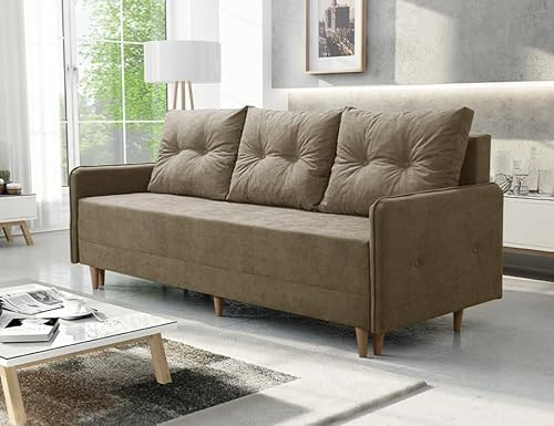 Sofa mit Schlaffunktion und Bettkasten - Skandinavisch Sofa - FERN - Bequem Schlafsofa - Weiches Couch - Retro Schlafcouch 205x86x93 cm - Beige - Soro 23 - MODERNO