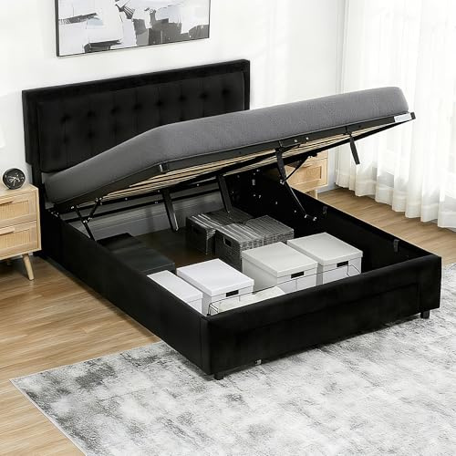 HOMCOM Upholstered Ottoman Bed with Storage Drawer and Adjustable Headboard, 5ft King Size Bed Frame with Gas Lift End Opening, Wooden Slats, No Mattress, Black