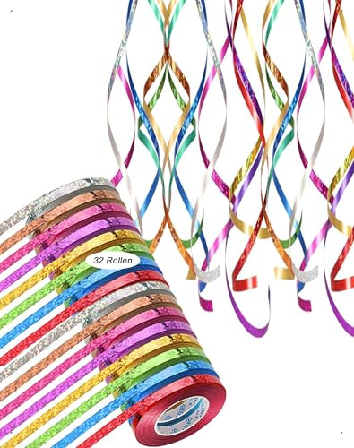 SanKristo 320 Meter Langen Luftschlangen, 32 Stück Glitzer Bunte Luftschlangen Metallic, 10 M Rolle in 8 Farben, Partydekoration für Geburtstag, Silvester, Fasching, Geburtstags Deko Geschenkband