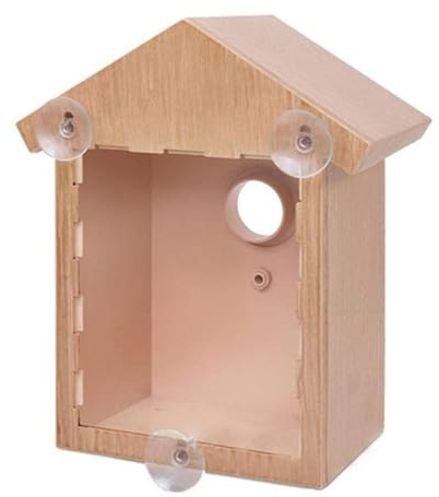 Otbushit Clear Birdhouse Window Bird Box Plastic Nest with Strong Sucker and Viewing One Way Mirror Natural Wood Color for Garden Bird