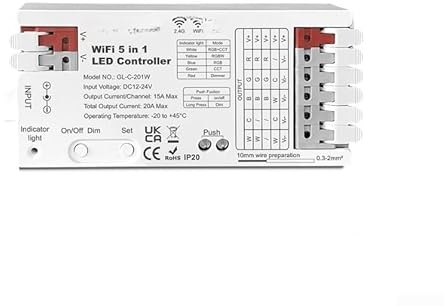 Minhe WiFi 5 in 1 LED Strip Dimmen Controller für Tuya Smart-Life App, Unterstützt RGB RGBW RGB+CCT, 2.4G Wireless Control, DC12V-24V Eingang, 20A Ausgang, Weiß PC-Gehäuse