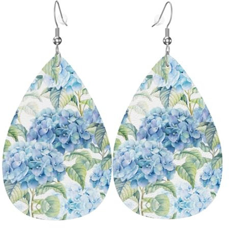 Hydrangea Print Leather Earring for Women – Lightweight Dangle Earrings, Fashion Statement Costume Jewelry