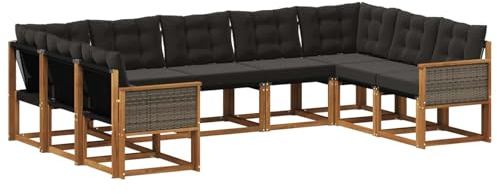 vidaXL Outdoor-Sofagarnitur mit Kissen 9 pcs Natürlich und Schwarz, Garten, modernes Outdoor-Sofa-Set, wetterfestes Ensemble, Bequeme Terrassenlounge, vielseitige Sitzgruppe