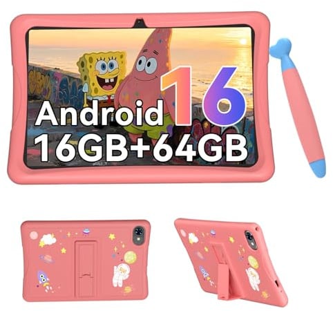 Tablet Bambini 10 Pollici, Android 16 Tablet per Bambini 3-12 Anni, 16GB RAM(4+12) + 64GB ROM, Controllo Genitori, GMS, 5000mAh, WiFi6, WidevineL1, con Custodia Anti-caduta e Penna, Garanzia di 4 anni