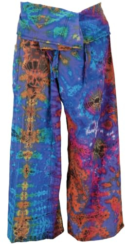 GURU SHOP Batik Thai Fischerhose aus Baumwolle, Wickelhose, braun/bunt | Bequeme Wickelhose, weit geschnitten, ideal für Yoga, Urlaub oder Relaxen, mit großer Tasche, handgefertigte Batik.