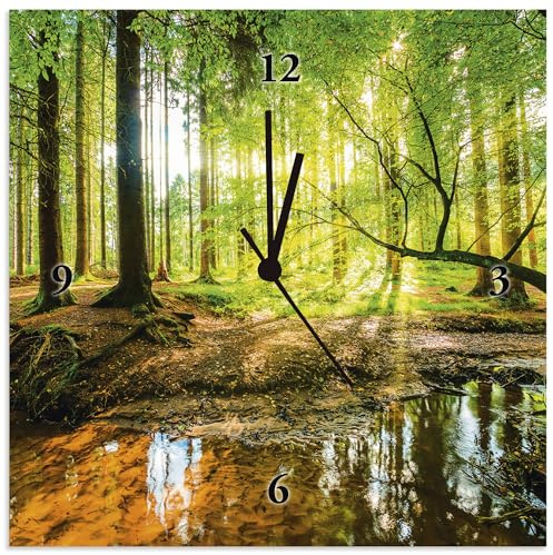 ARTLAND Wanduhr ohne Tickgeräusche Alu Funkuhr 30x30 cm Quadratisch Lautlos Wald Landschaft Natur Sonne Bäume T9IO