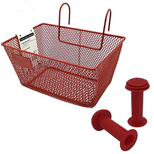 Land-Haus-Shop Kinderfahrradgriffe und Fahrradkorb im Set, Kinder Fahrrad Griffe Rollergriffe mit Prallschutz, Fahrrad Korb mit feinen Maschen (rot)