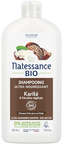 Natessance Ultra-pflegendes Bio-Shampoo, Bio/Keratin, zertifiziert biologisch, Cosmos Organic ohne Sulfate, Palmöl, 100% pflanzlich, 500 ml
