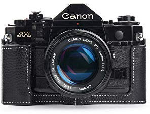 A-1 Case, BolinUS Handmade Genuine Real Leather Half Camera Case Bag Cover for Canon New AE-1 AE-1P A-1 (with Handle) Camera with Hand Strap (Black)