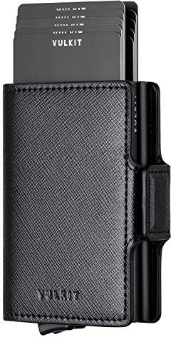 VULKIT Porta Carte di Credito Schermato Tascabile Portafoglio Uomo Piccolo Sottile Pelle Pop Up Custodia Doppio con 2 Slot per Carte e Banconote, Nero Cross