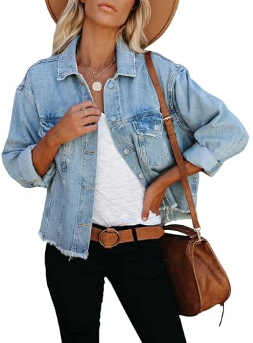 LONGBIDA Women's Jean Jacket Frayed Washed Cropped Denim Jacket(Light,L)