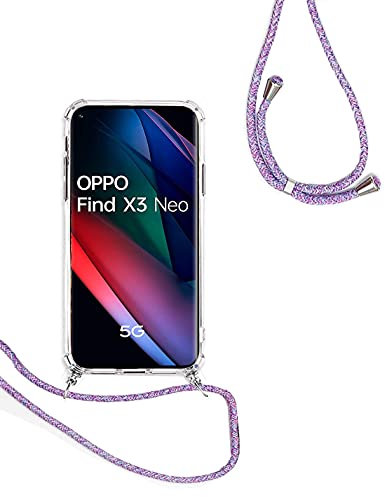 Coque pour Oppo Find X3 Neo/Reno 5 Pro+ 5G avec Cordon Collier, Etui Housse de Protection en Transparente Silicone avec Réglable Cordon Bandoulière, Arc-en-Ciel Violet