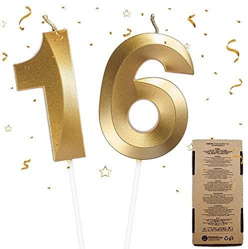 Geburtstag Zahl Kerzen, Zahlenkerze 1 & 6 Glitzer Cake Topper Happy Birthday Gold Geburtstagskerzen Kuchen Deko, Nummer Kerzen 16 Geburtstag Kerzen Kuchen Topper für Hochzeit Jahrestag Party Feier